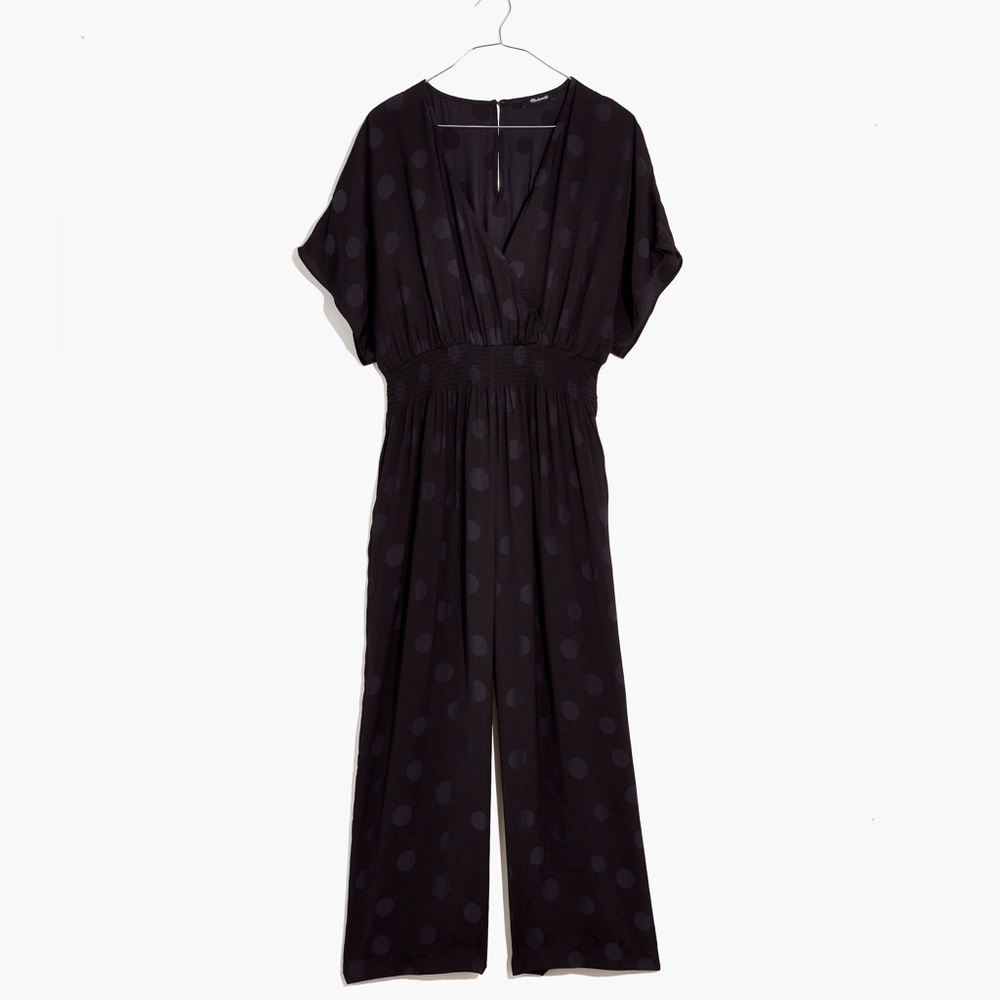 Madewell Wrap-Front Smock-Waist Jumpsuit in Dot Jacquard